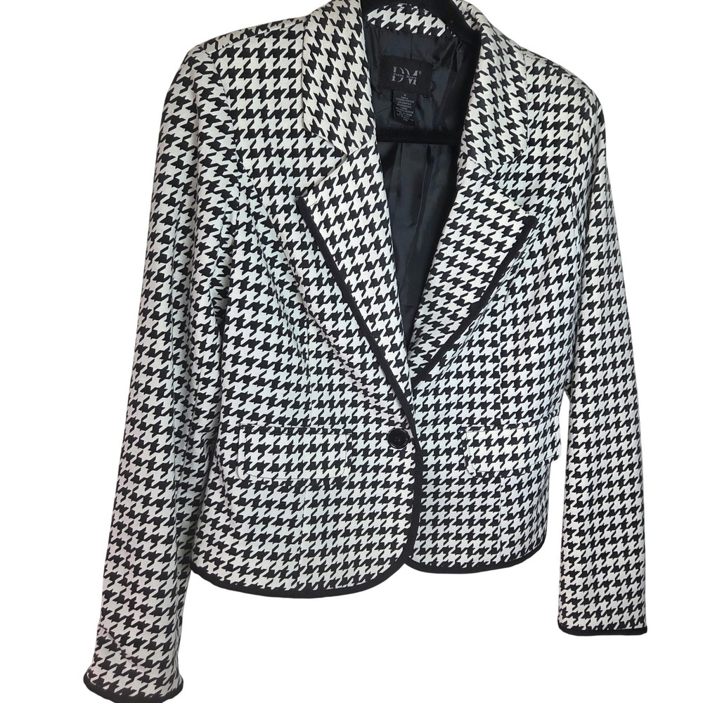 Donna Moore Houndstooth Blazer Womens S Cropped Fitted Black White Single Button